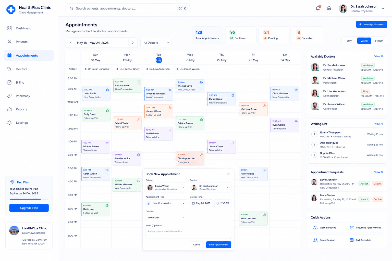 Appointment scheduling dashboard with weekly calendar, doctor schedules, booking modal, waiting list, and appointment requests
